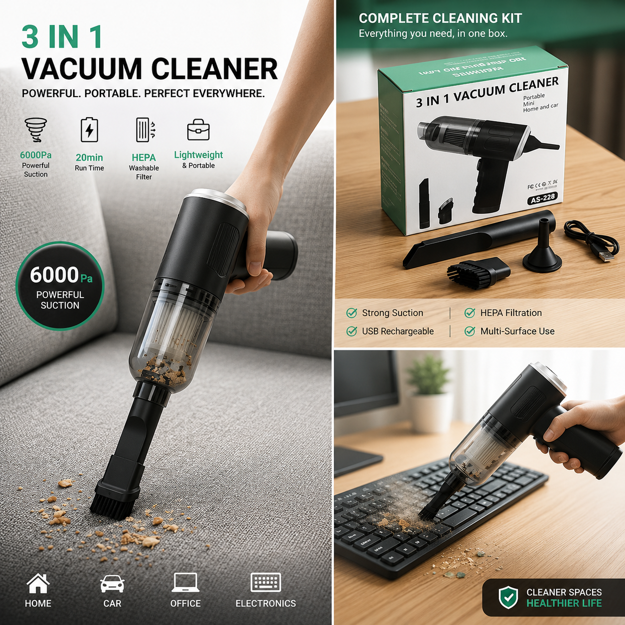 Portable 2 in 1 Handheld Vacuum Cleaner Rechargeable Vacuum & Blower for Car Home Office Cleaning with Washable Filter